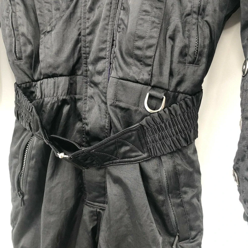Vintage 80s Prima Womens Size M One Piece Snow Ski Suit Black Purple Hooded - Picture 3 of 12